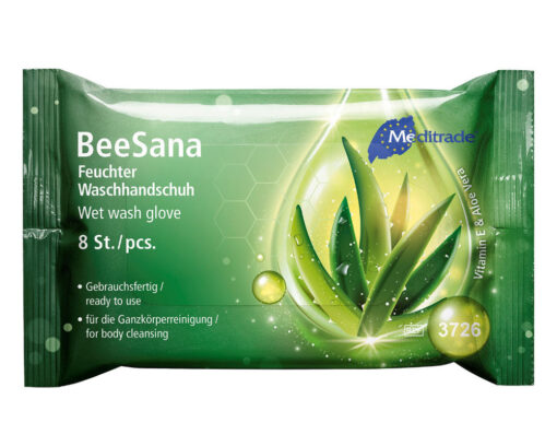 BeeSana Feuchter Einmal-Waschhandschuh mit Lotion – 8 Stück
