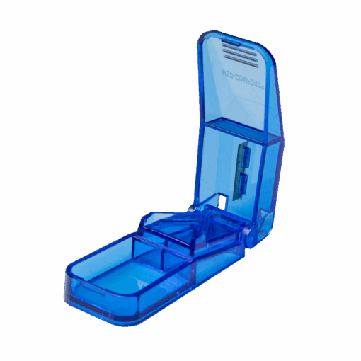 Med-Comfort Tablettenteiler – blau, mit Edelstahlklinge, präzise Tablettenteilung